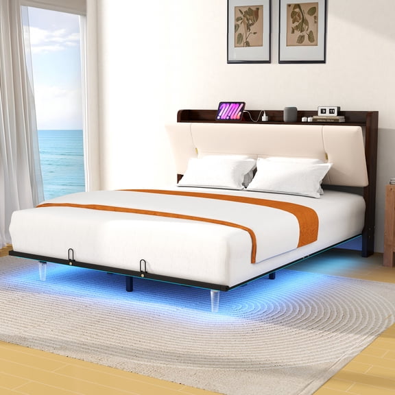 Uforic Beige Faux Leather Queen Bed Frame with LED Lights, Platform Bed with Multifuction Backrest Storage & Charging Ports