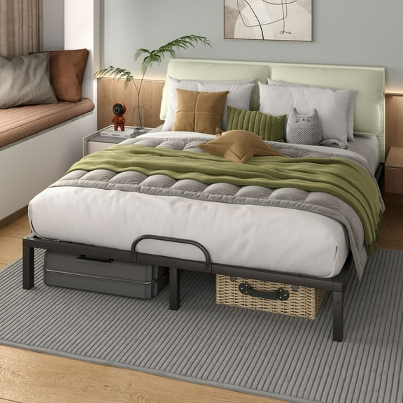Uforic Beige Queen Size Folding Upholstered Bed Frame with Removable Upholstery, Elegant & Durable Platform Bed