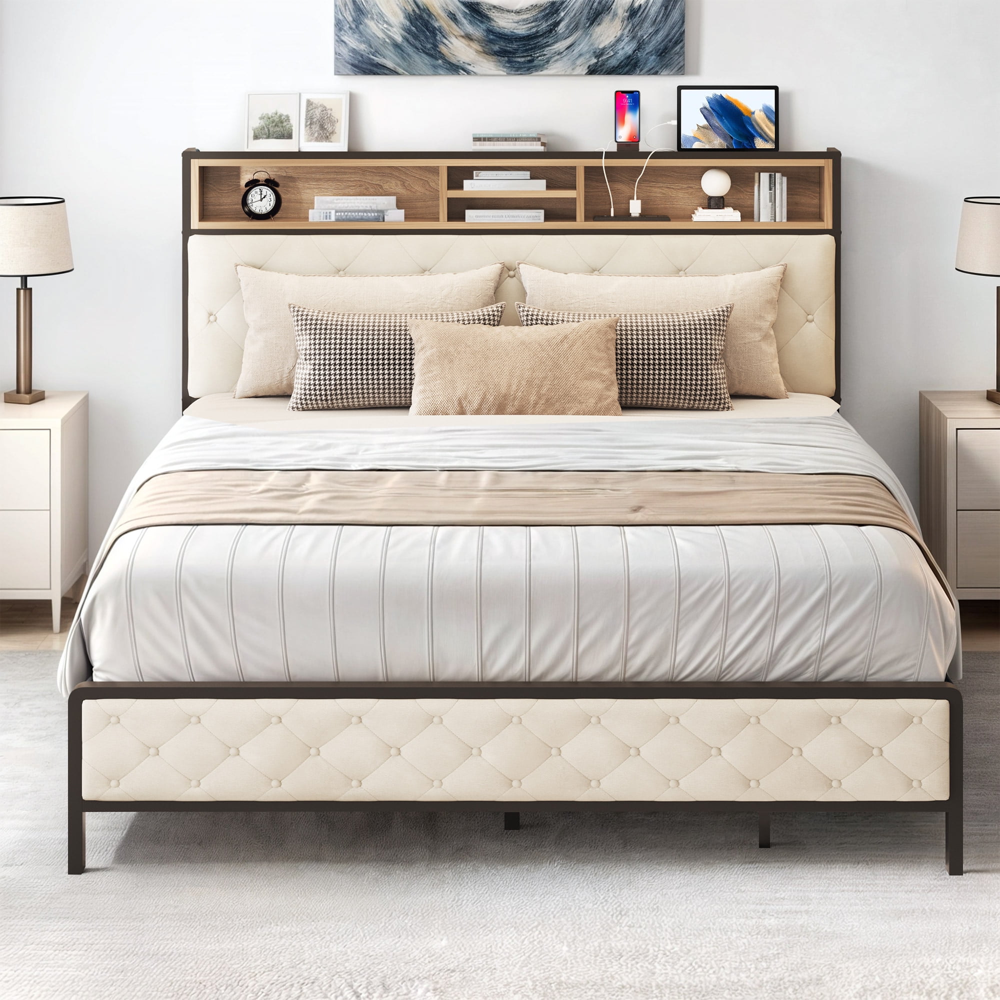 Uforic Beige Queen Size Platform Bed Frame with Upholstered Storage Headboard, Built-in Charging Station, and Metal Slats, No Box Spring Required