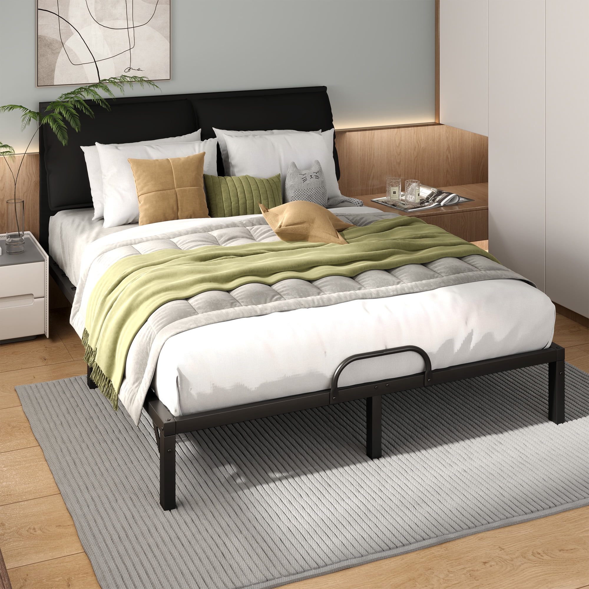 Uforic Black Queen Size Folding Upholstered Bed Frame with Removable Upholstery, Modern & Durable Design