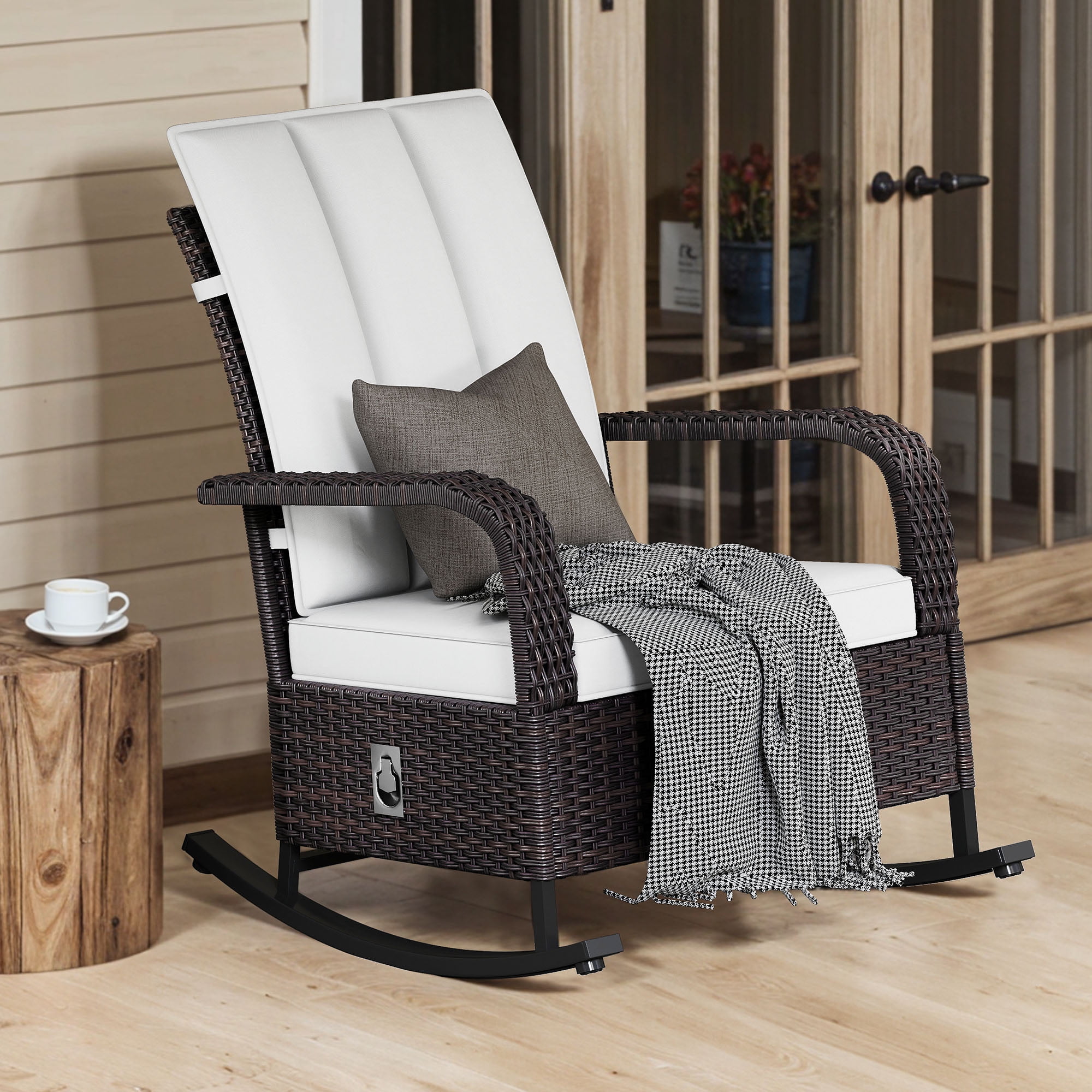 Uforic Outdoor Iron + PE Woven Rattan Rocking Chair with Footrest, Reclining, Brown Gradient Rattan & Beige Cushion, 2 Pcs