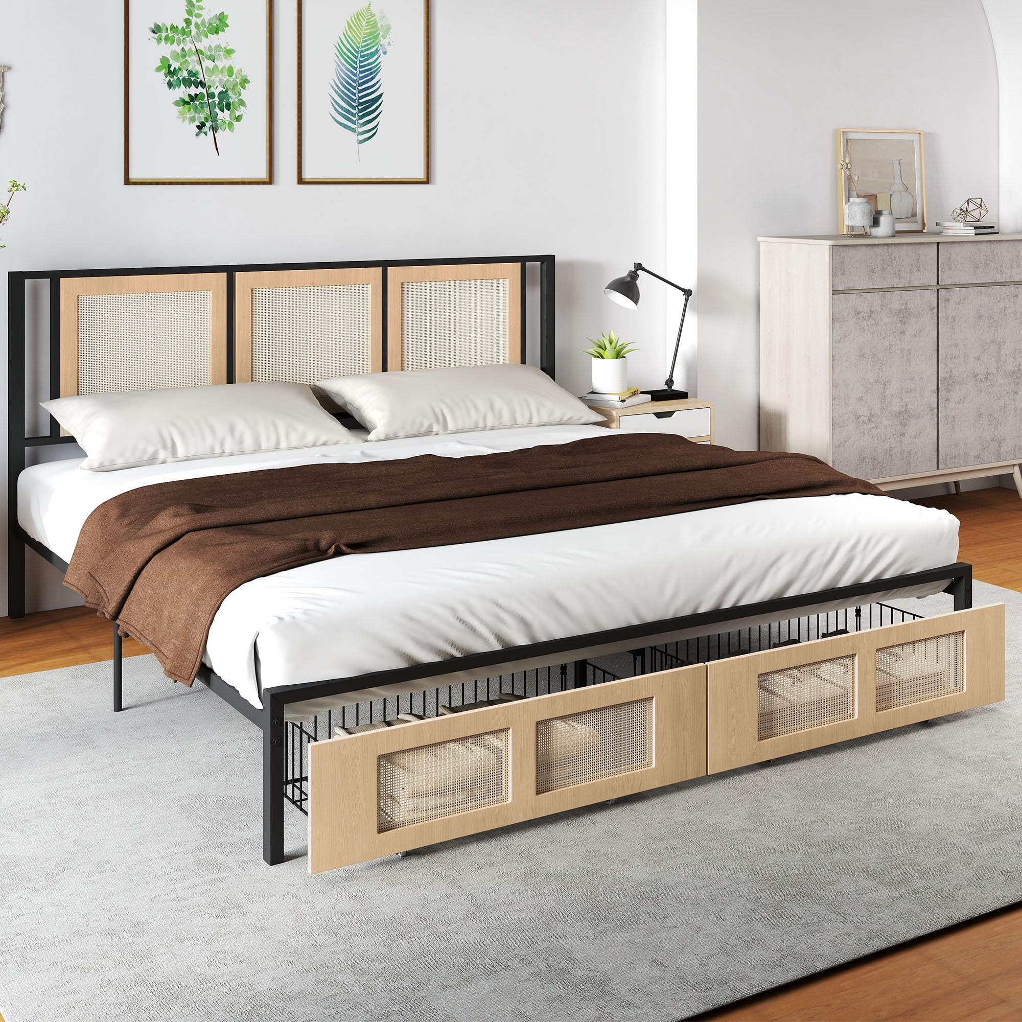 Uforic Boho King Size Bed Frame with Hand-Woven Rattan Design, Dual Storage Drawers, and Noise-Free Metal Slat Support, No Box Spring Required