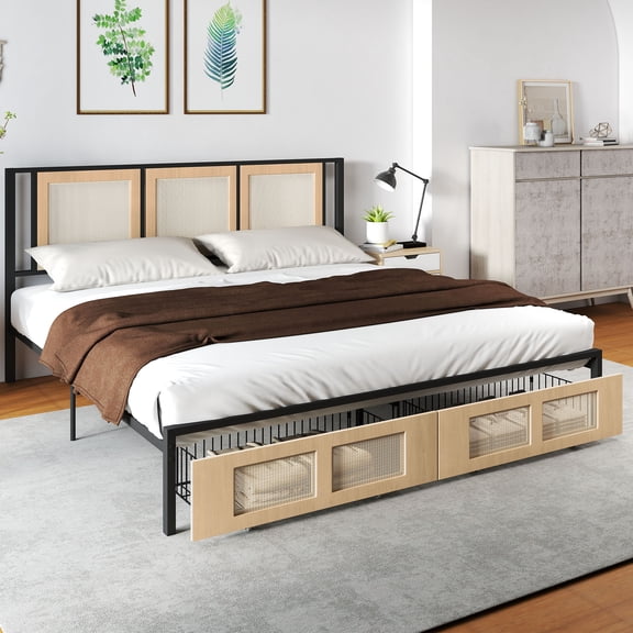 Uforic Boho King Size Bed Frame with Hand-Woven Rattan Design, Dual Storage Drawers, and Noise-Free Metal Slat Support, No Box Spring Required