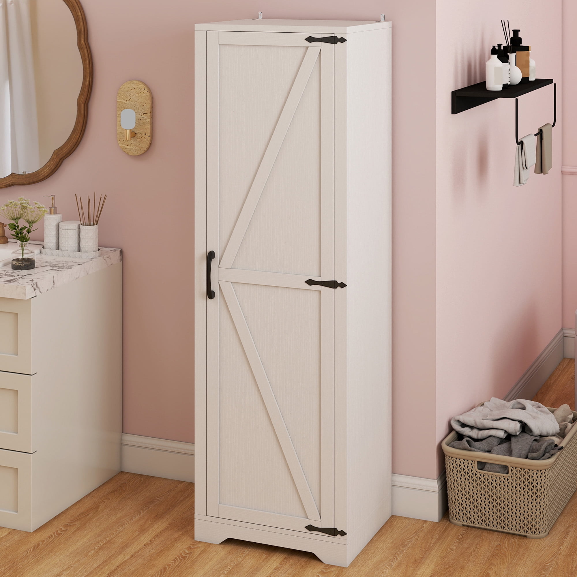 Uforic Broom Storage Closet Cabinet with Hanging Rod, 63" Garage Cabinet with Shelf, White