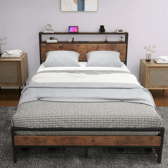 Uforic Brown Queen-Sized Metal Bed with Wooden Headboard,Charging Station, Four Storage Drawers, Perfect for Adults
