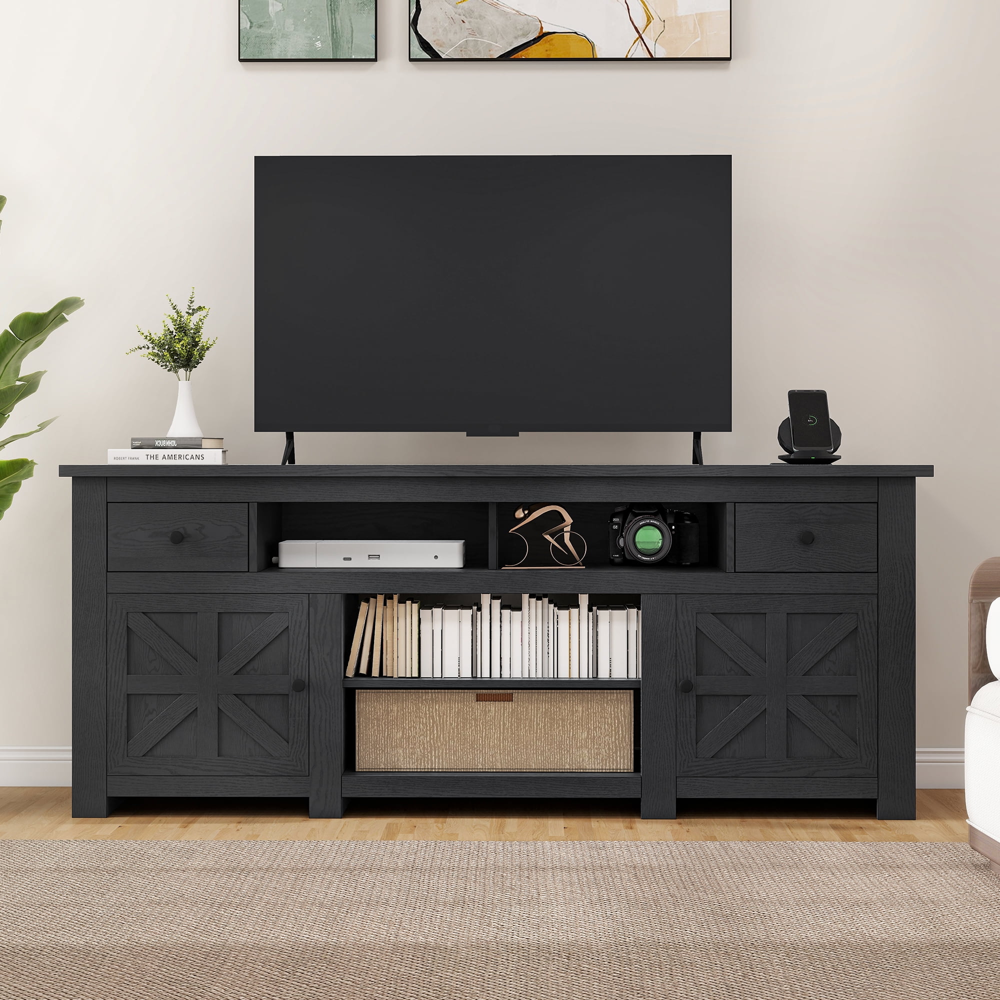 Uforic Built-in Power Socket, TV Cabinet for Screens up to 80'' with 2 Shelves, Black