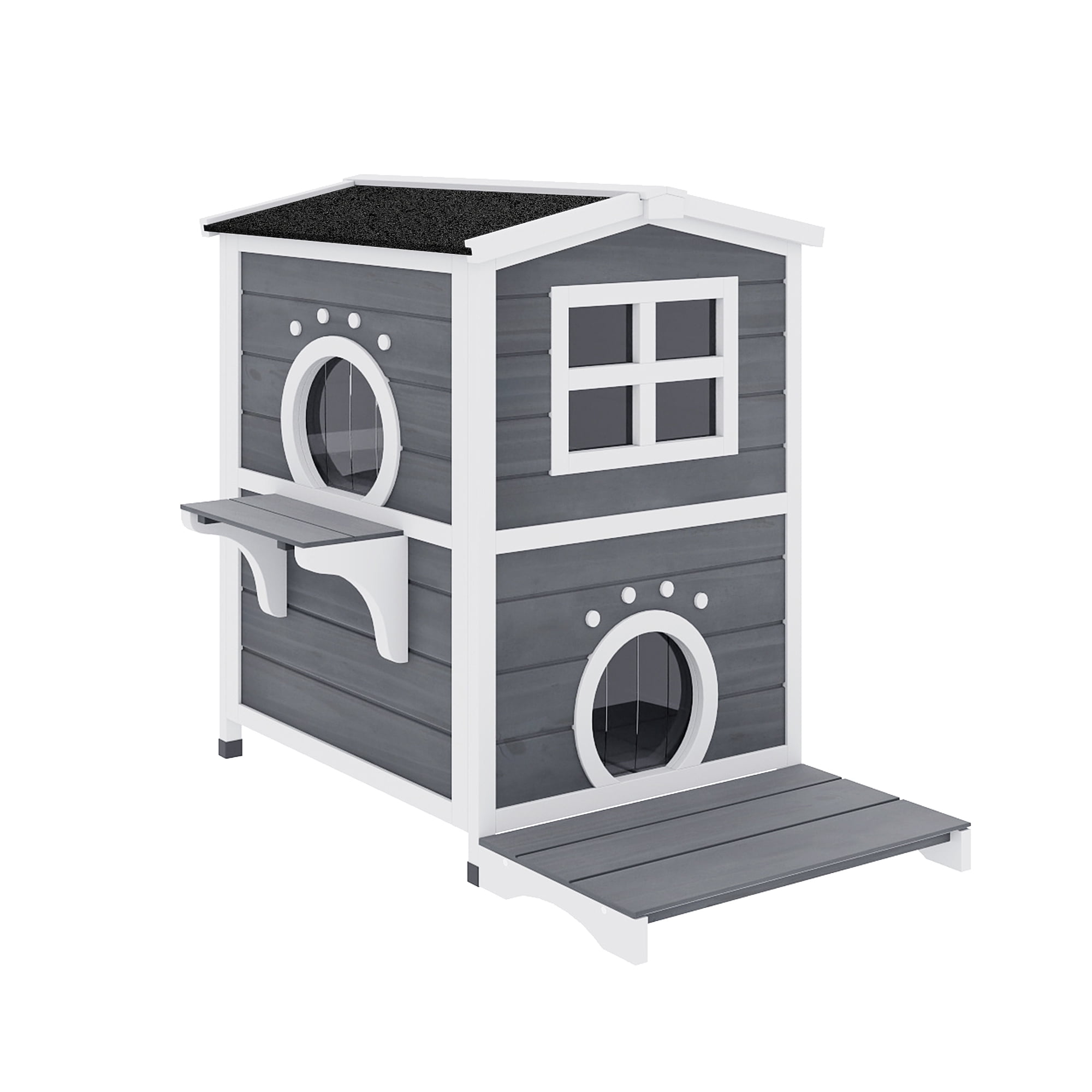 Uforic Cat House Outdoor Two-Story Wooden Feral Cat Shelter with Openable Roof, Escape Door - Gray