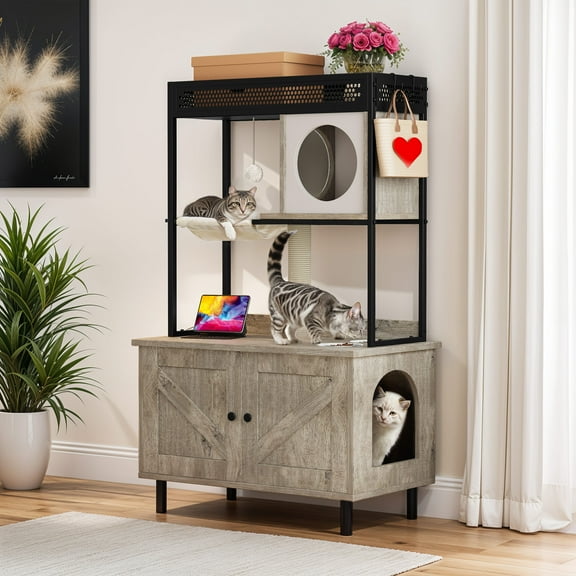 Uforic Cat Litter Box Enclosure, Large Indoor Hidden Wooden Cat Furniture with Shelves & USB & Type-C Outlets, Gray