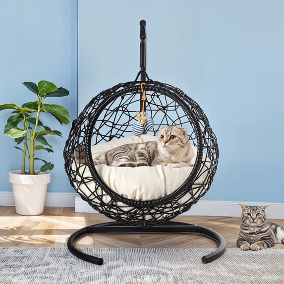 Uforic Cat Swing Bed with Stand, Hanging Hammock with PE Wicker Basket & Detachable Cushion, Black