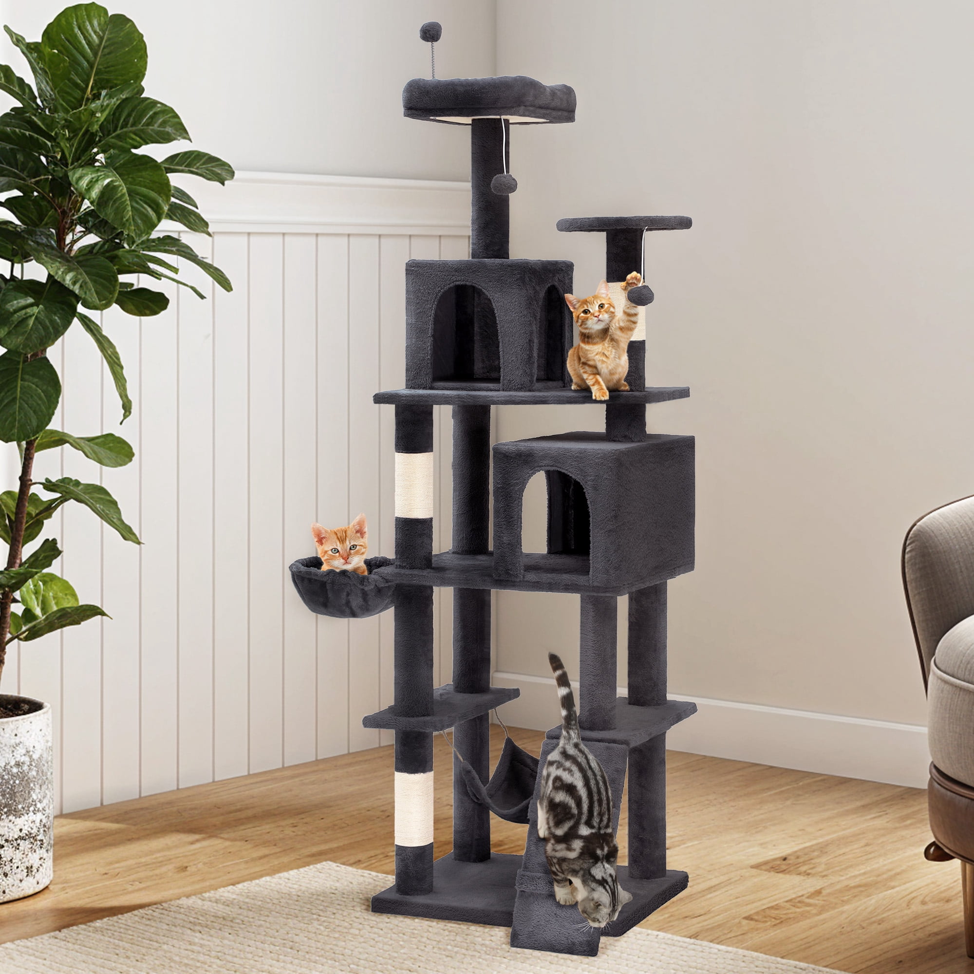 Uforic 44" Multi-Level Cat Condo with Scratch Posts and Hammock, Light Gray