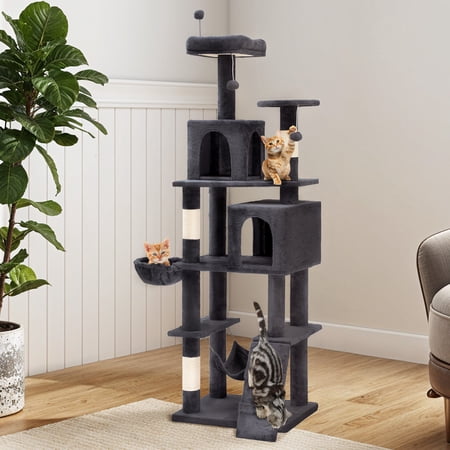 Uforic 44" Multi-Level Cat Condo with Scratch Posts and Hammock, Light Gray