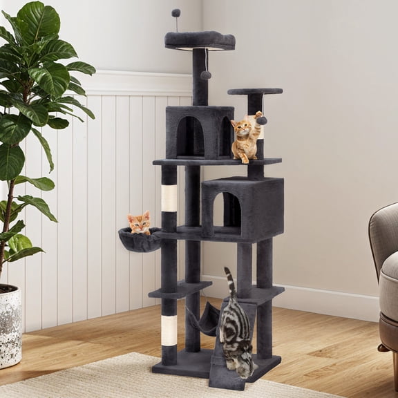Uforic 44" Multi-Level Cat Condo with Scratch Posts and Hammock, Light Gray
