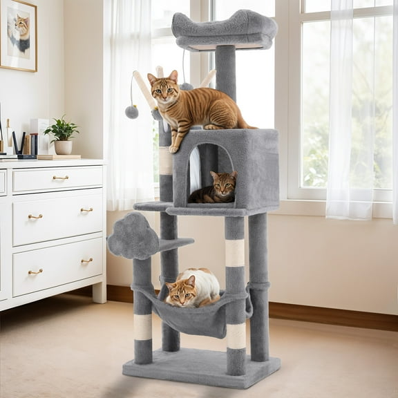Uforic Cat Tree Tower 44" Multi-Level Cat Condo with Scratch Posts&Hammock for indoor Small Cats, Light Gray