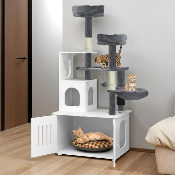 Uforic Cat Tree with Litter Box Enclosure, 2-in-1 Modern Cat Condo, 59" Hidden Litter Box Furniture, White