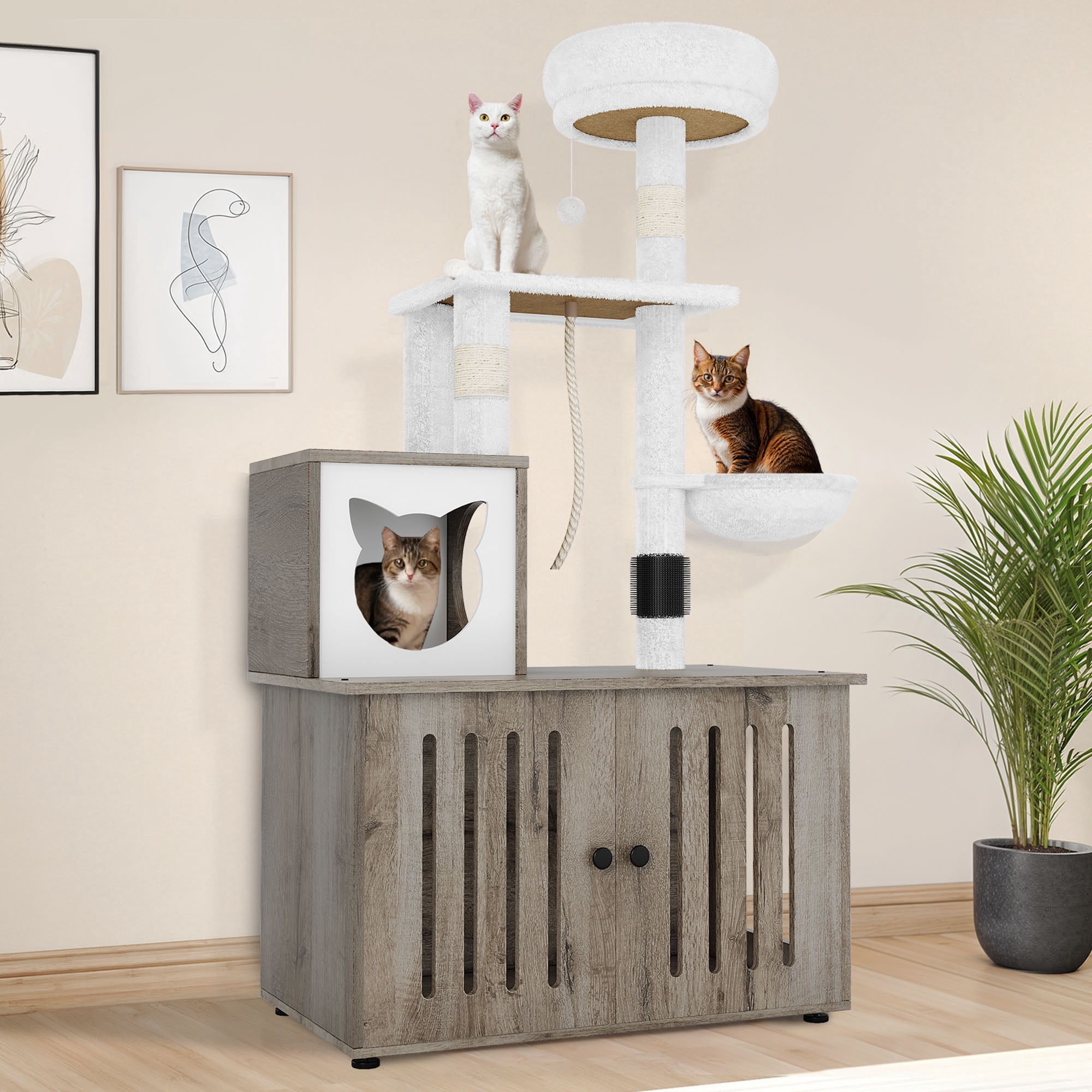 Uforic Cat Tree with Litter Box Enclosure, 2-in-1 Modern Cat Tower Combo, 53.5" Hidden Litter Box Furniture, Gray