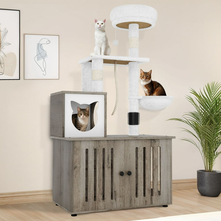 Uforic Cat Tree with Litter Box Enclosure, 2-in-1 Modern Cat Tower