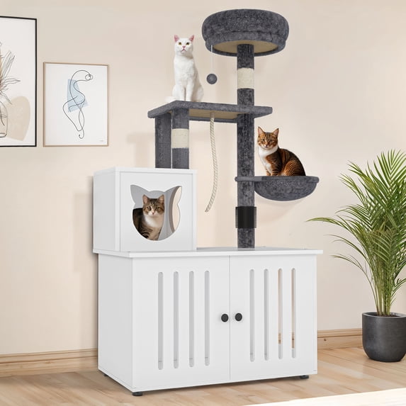 Uforic Cat Tree with Litter Box Enclosure, 2-in-1 Modern Cat Tower Combo, 53.5" Hidden Litter Box Furniture, White