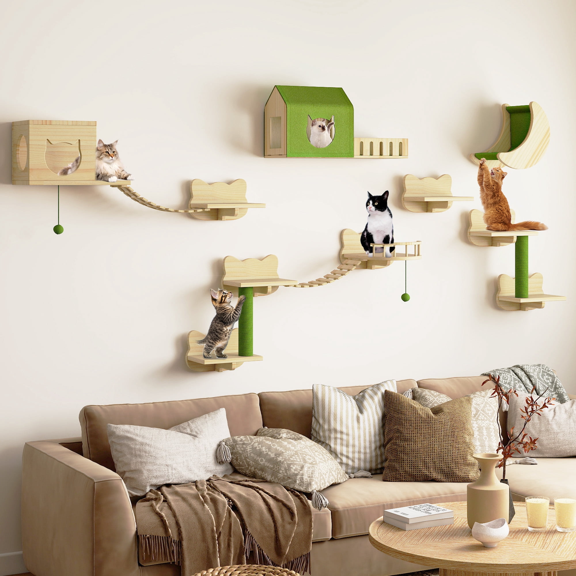 Uforic Cat Wall Shelves and Perches, Wooden Wall-Mounted Cat Furniture Set of 16 with 3 Cat House, 7 Shelves, 2 Sisal Posts & Hanging Balls for Indoor, Green & Wood