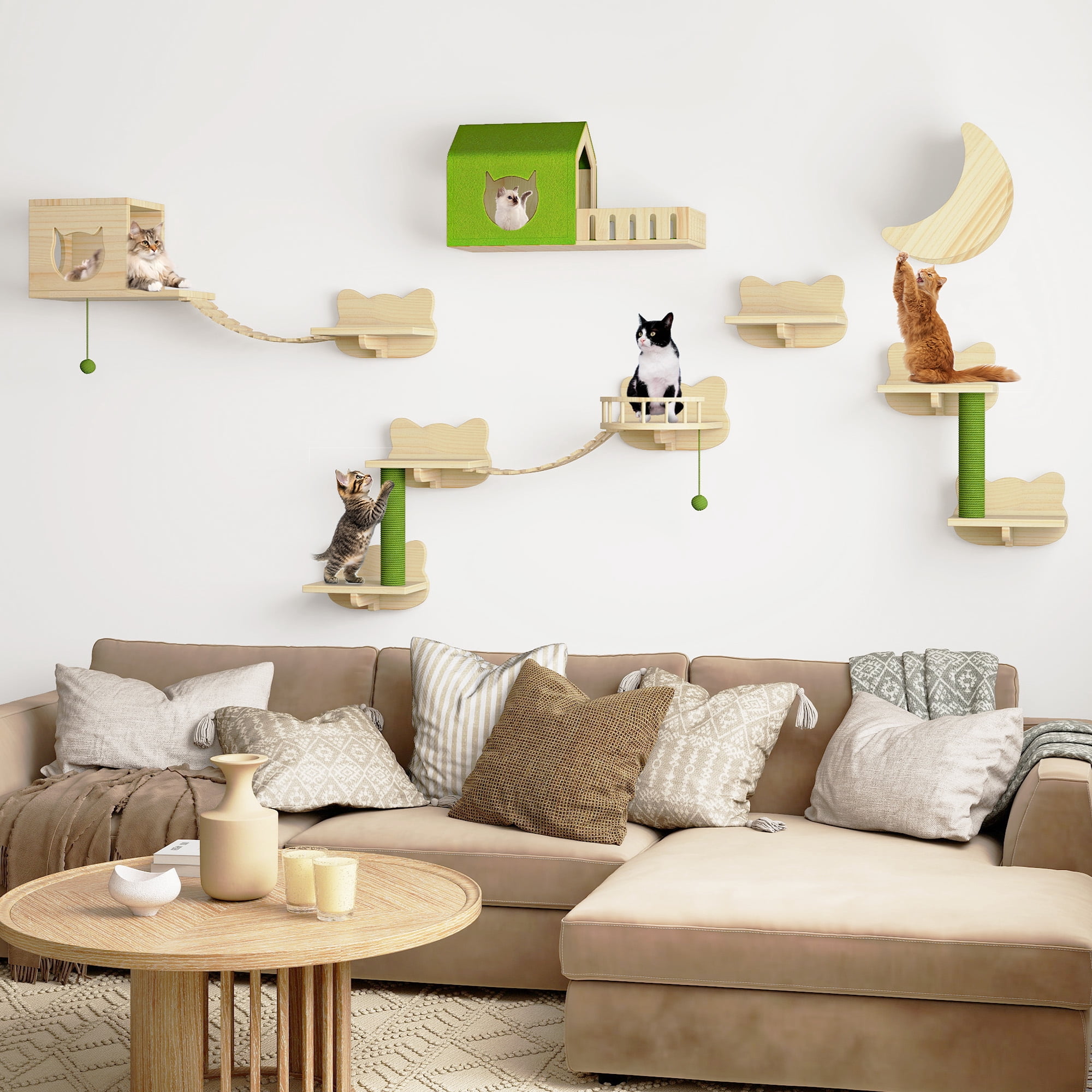 Uforic Cat Wall Shelves and Perches, Wooden Wall-Mounted Cat Furniture Set of 16 with 3 Cat House, 7 Shelves, 2 Sisal Posts & Hanging Balls for Indoor, Green & Wood