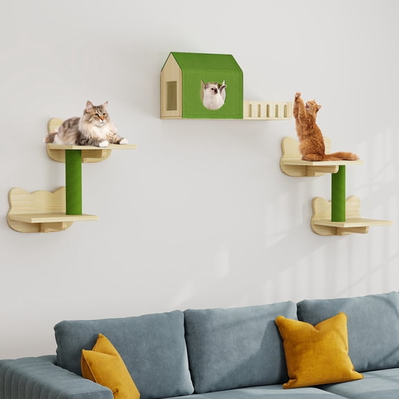 Uforic Cat Wall Shelves and Perches, Wooden Wall-Mounted Cat Furniture Set of 8 with House, 4 Perches, 2 Sisal Posts & Pom-Pom Toy for Indoor, Green & Wood