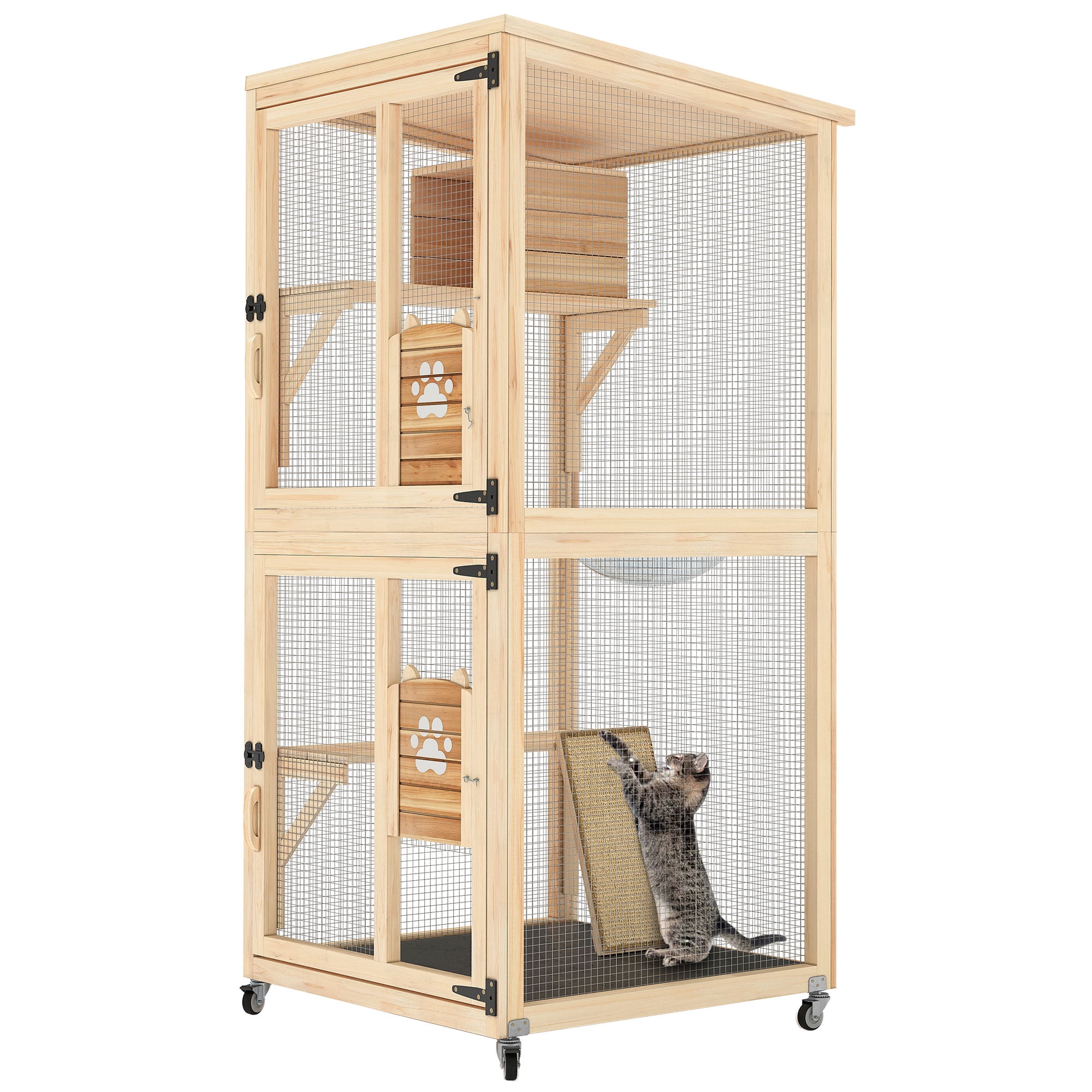 Uforic Catio Outdoor Cat House with Wheels,Wooden Cat Enclosure Resting Box with 4 Platforms, 71 inch Kitten Condo Pets Cage, Brown