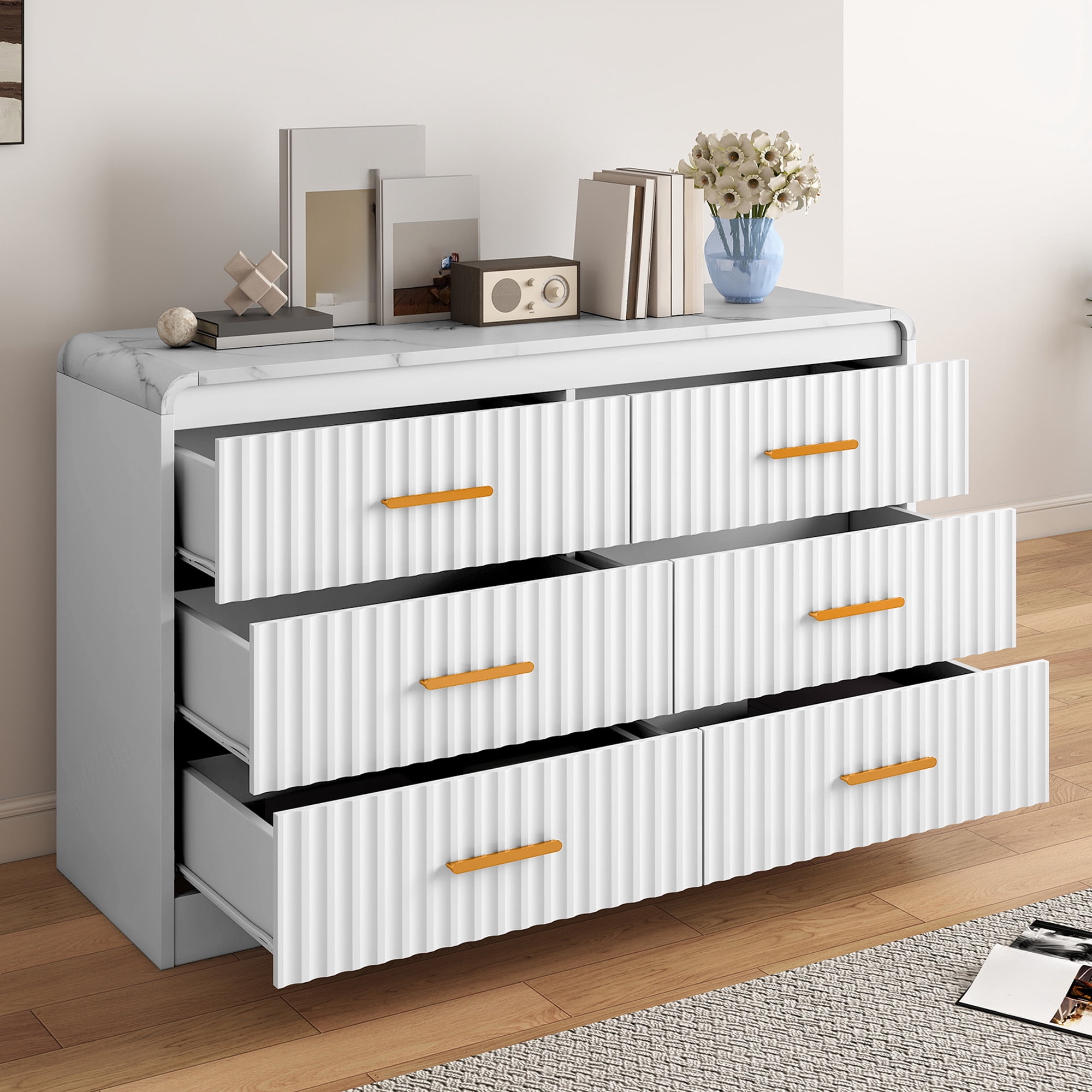 Uforic Chest of Drawers for Living Room, , or Entryway, Sturdy Fluted Dresser with 6 Drawers, White