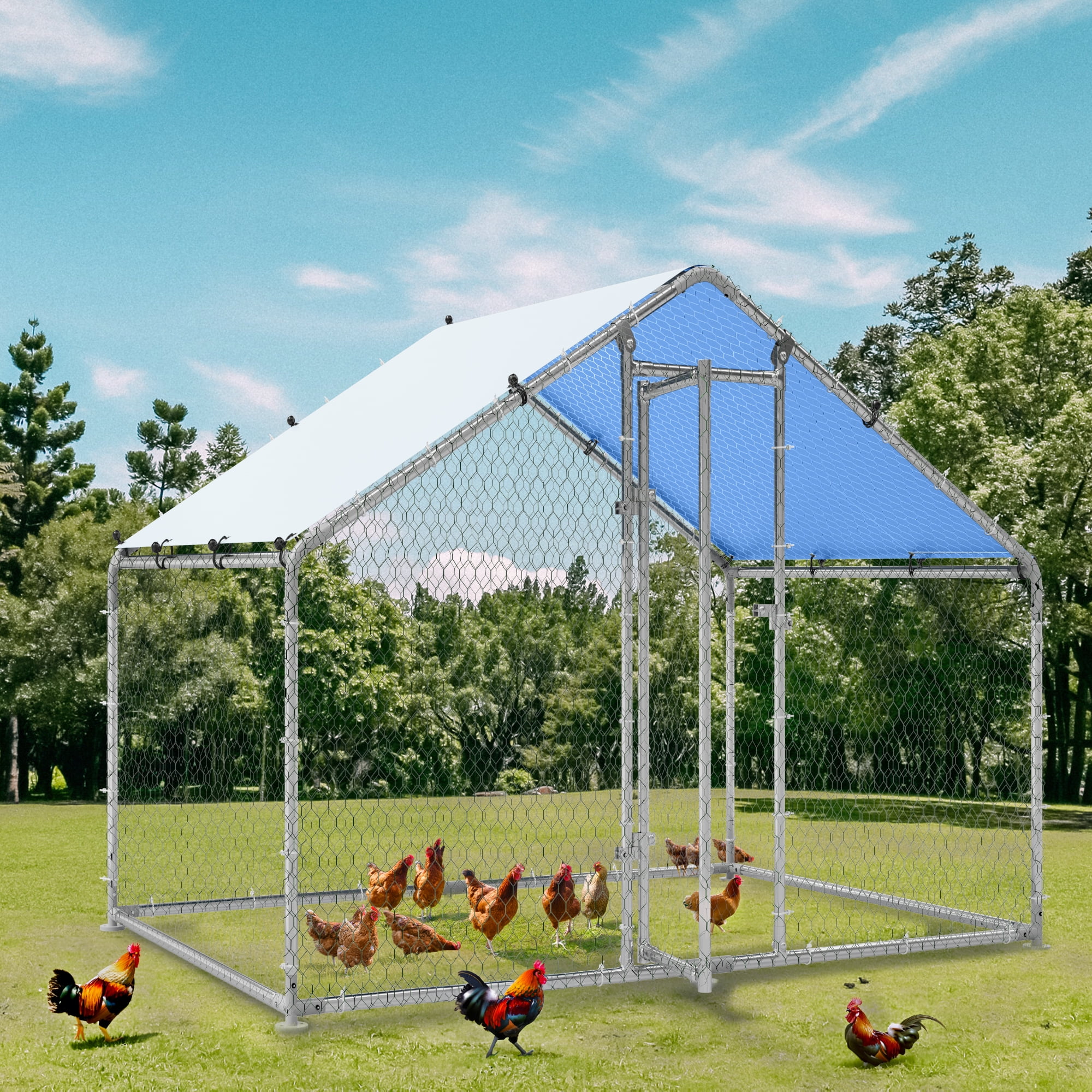 Uforic Chicken Run Coop 9.8 x 6.56 x 6.4 FT Large Metal Spire Shaped Chicken Coop, Walk-in Hen Cage, Outdoor Poultry Cage with Waterproof Anti-UV proof Cover and Wire Mesh for Backyard,Farm Use