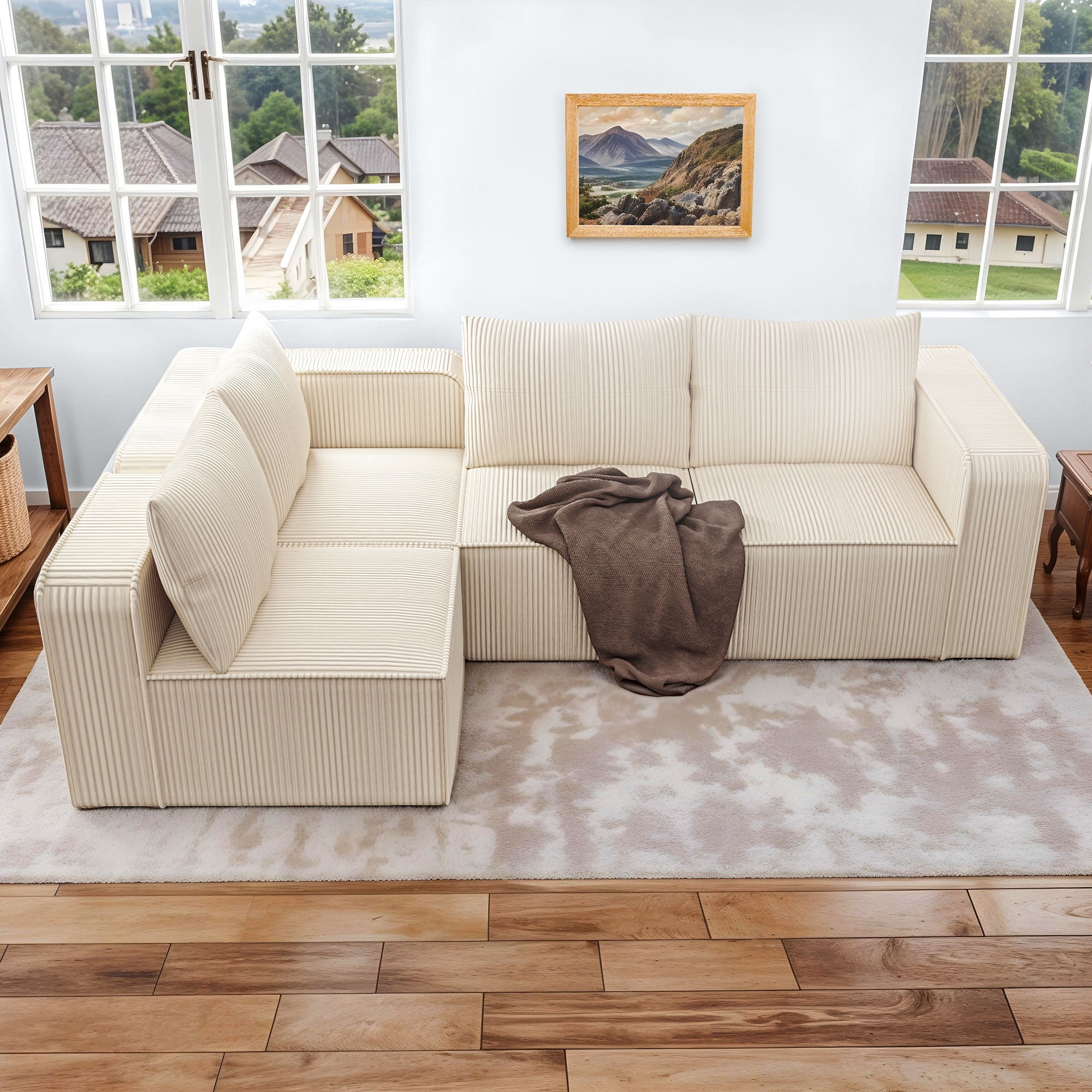 Uforic Cloud Sectional Sofa Couch with L-Shape Chaise, Deep Seat, 4 Pillows, Corduroy Upholstery for Indoor, White