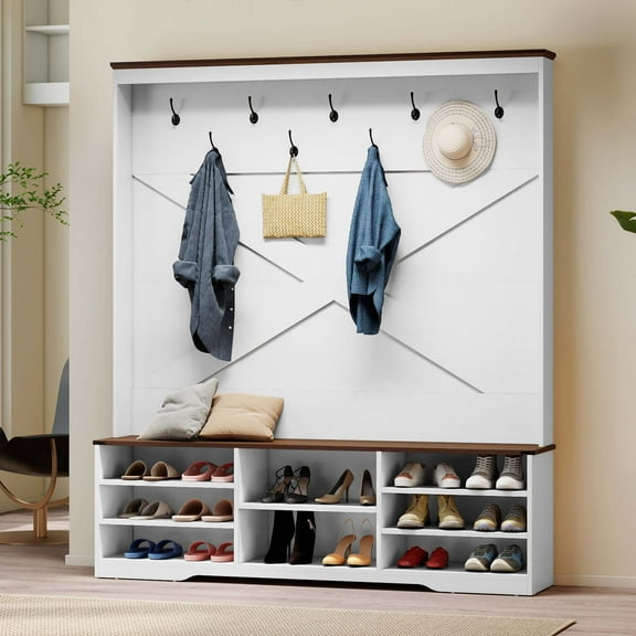 Uforic Coat Rack with 9 Hooks &Bottom Shoe Cabinet, Farmhouse Hall Tree with Shoe Storage Bench