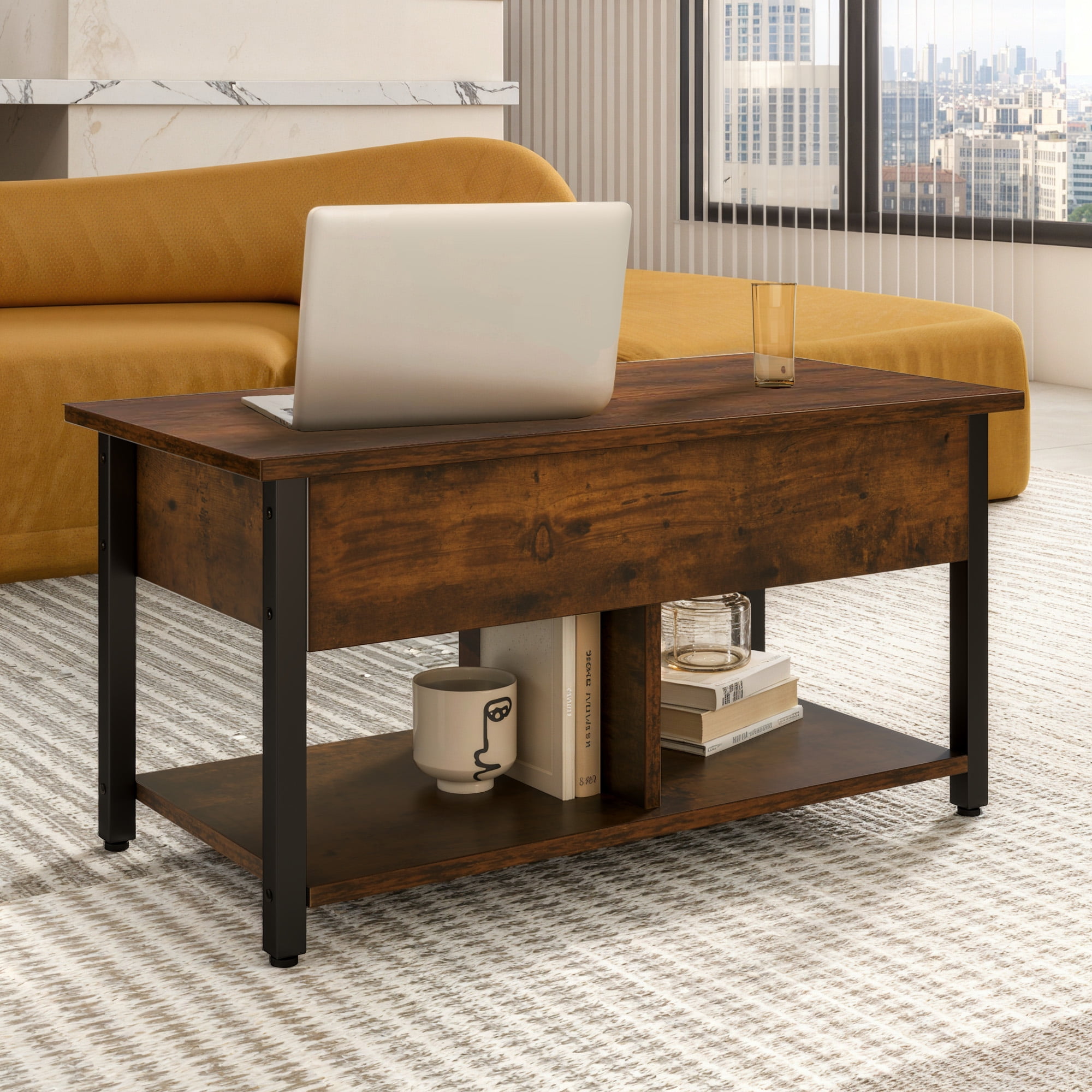 Uforic Coffee Table with Storage, Lift-Top Wooden Center Table for Home & Office, Rustic Brown
