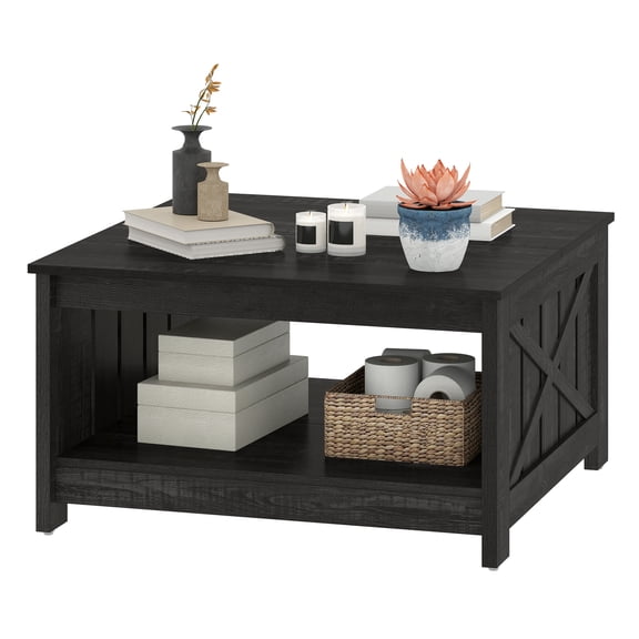 Uforic Coffee Table with Storage Shelf for Living Room, Farmhouse Center Table, Black Oak