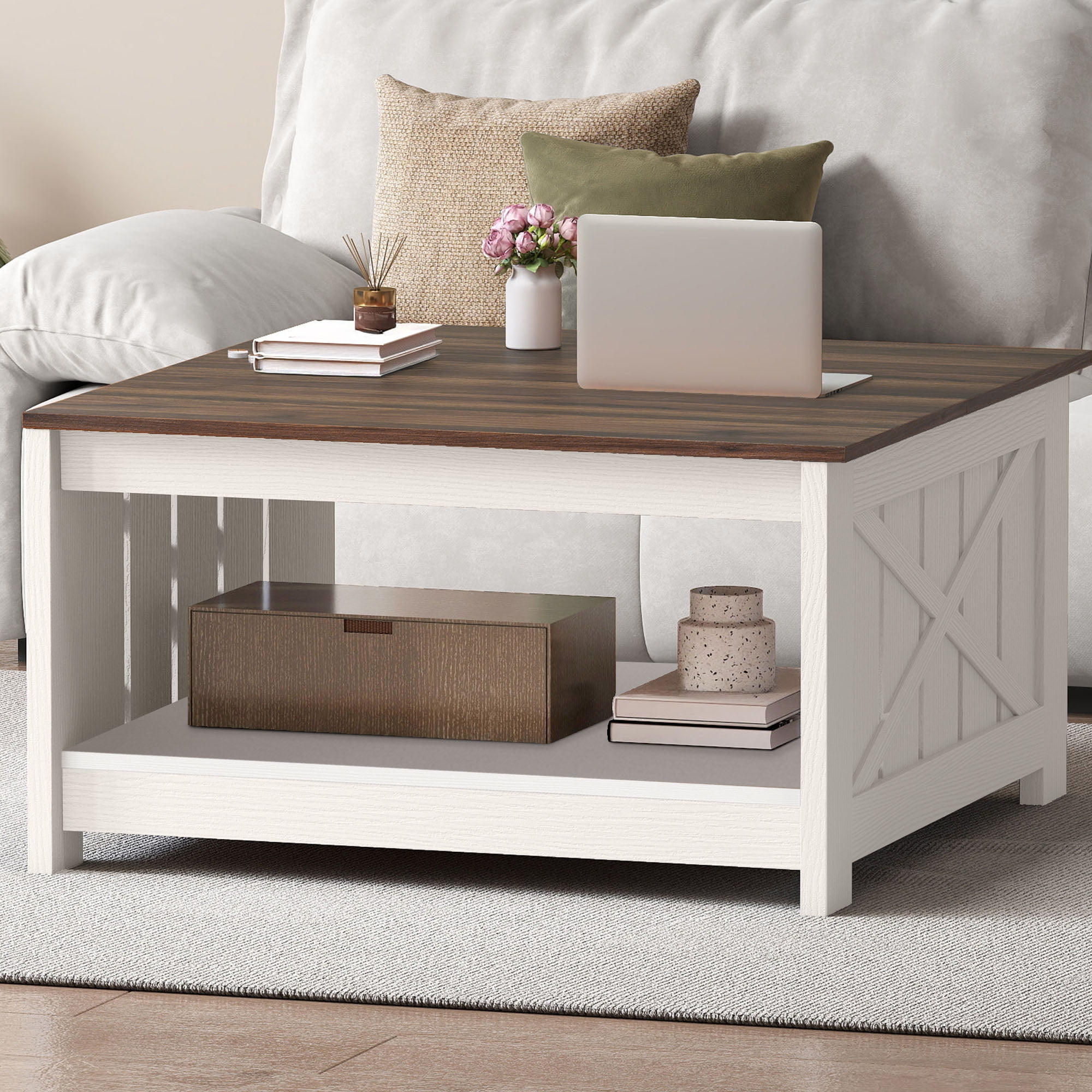 Uforic Coffee Table with Storage Shelf for Living Room, Farmhouse Center Table, White & Walnut