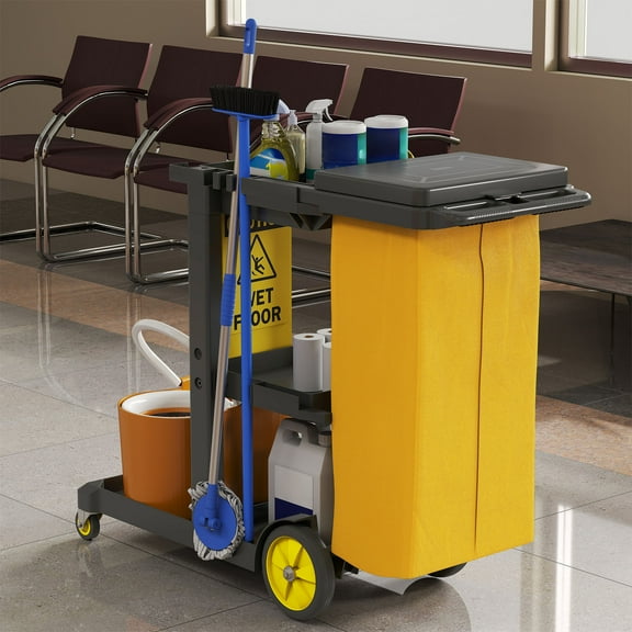 Uforic Commercial Janitorial Trolley Cleaning Cart with 25 Gallon Bag and Cover for Housekeeping, Black