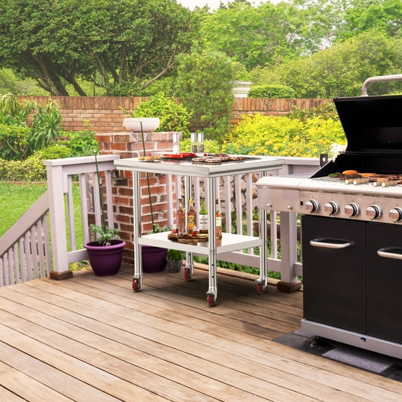 Uforic Commercial Stainless Steel Work Table with Wheels, 30" x 24", Adjustable Storage, Durable, Rust-Resistant 2-Shelf Utility Table