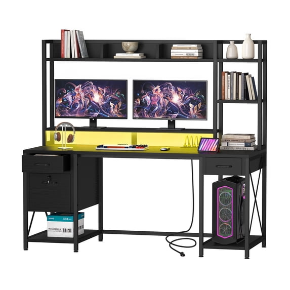 Uforic Computer Desk with Hutch& Led Light, Gaming Desk with Power Outlets, Home Office Desk, Black