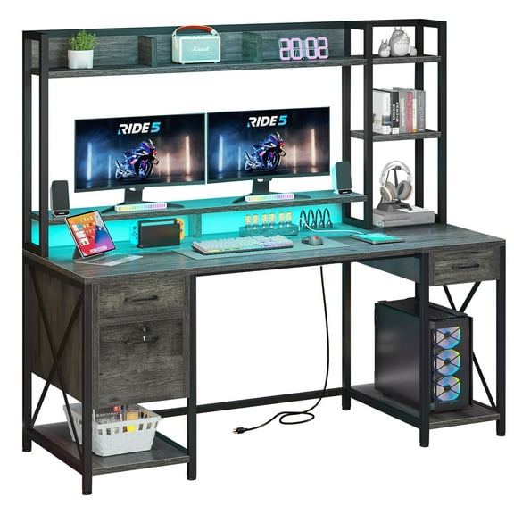 Uforic Computer Desk with Hutch& Led Light, Gaming Desk with Power Outlets, Home Office Desk, Gray