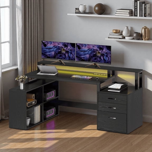 Uforic Computer Desk with LED Light, 65" L Shaped Desk with Shelves &Drawers, Home Office Desk, Black
