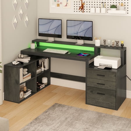 Uforic Computer Desk with LED Light, 65" L Shaped Desk with Shelves &Drawers, Home Office Desk, Gray