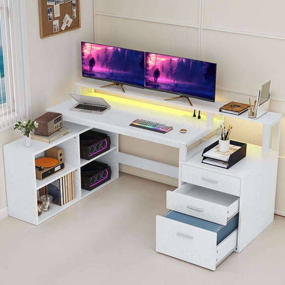 Uforic Computer Desk with LED Light, 65" L Shaped Desk with Shelves &Drawers, Home Office Desk , White