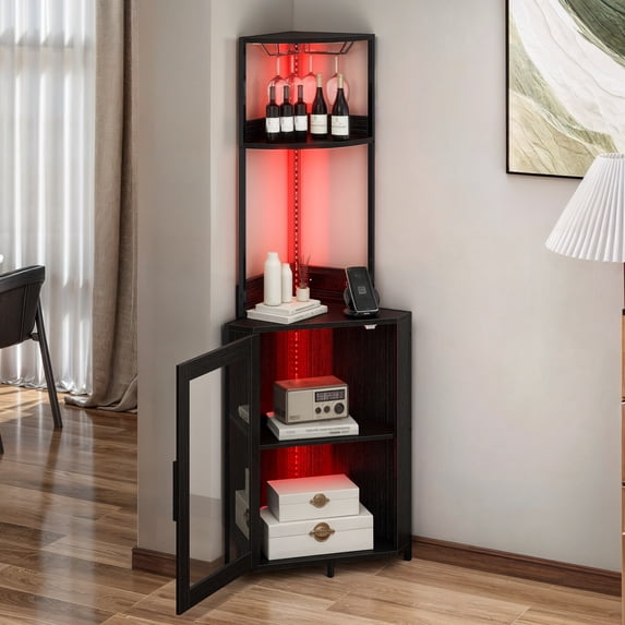 Uforic Corner Shelf with Door & LED Light, 5 Tier Corner Bar Cabinet with Power Outlets, Black