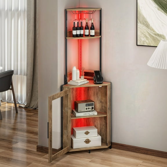 Uforic Corner Shelf with Door& LED Light, 5 Tier Corner Bar Cabinet with Power Outlets& Glass Holder