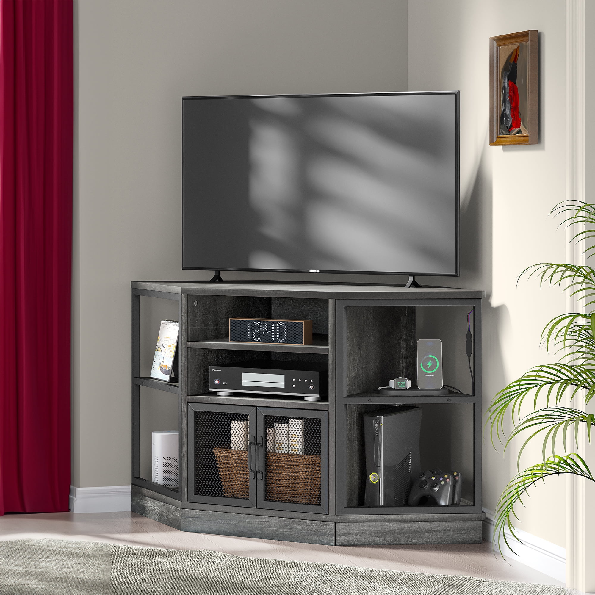 Uforic Corner TV Stand LED Lit Entertainment Center for TVS Up to 55 Inches for Living Room