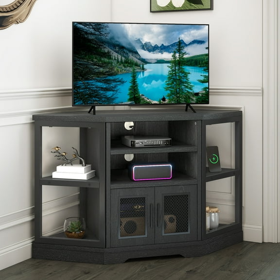 Uforic Corner TV Stand for TVs up to 55", Farmhouse Entertainment Center with Power Outlet, Black