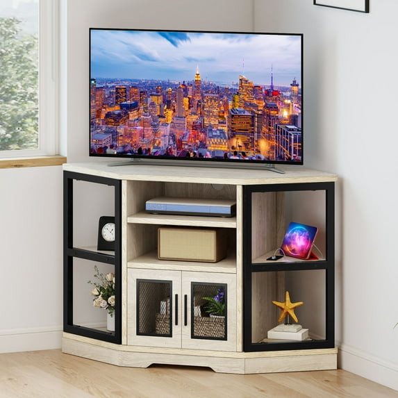 Uforic Corner TV Stand for TVs up to 55", Farmhouse Entertainment Center with Power Outlet, Oak