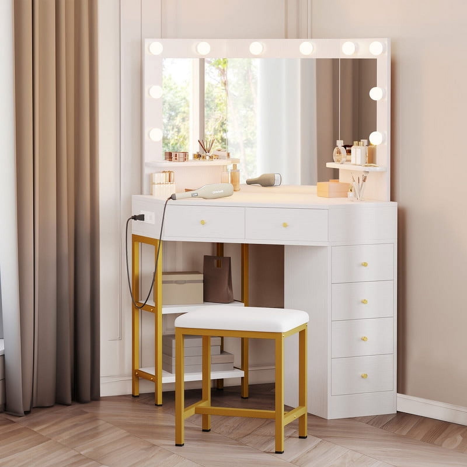 Uforic Corner Vanity Desk Set with LED Lighted Mirror and Charging Station, White, 6 Drawers
