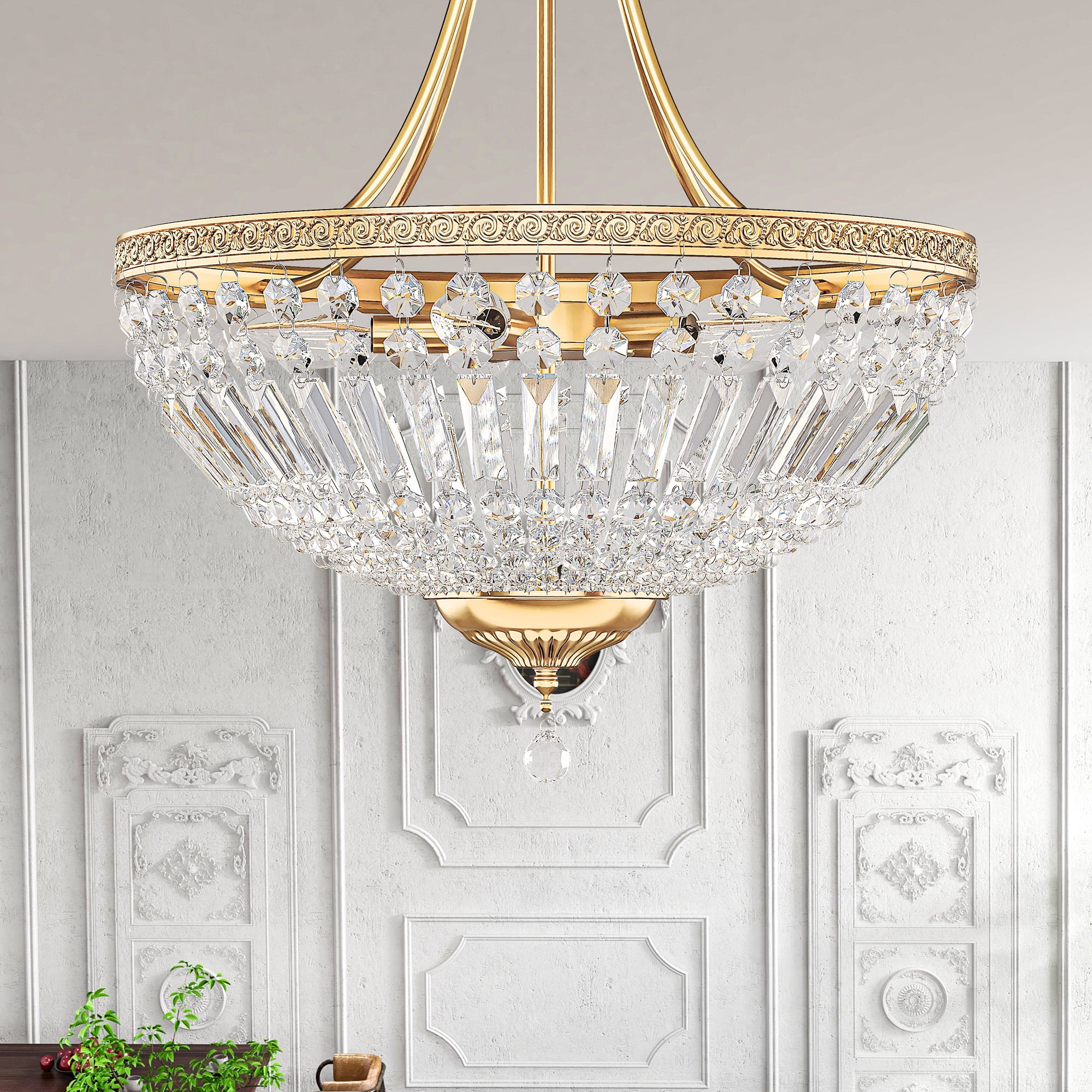 Uforic Crystal Ceiling Light Fixture, 5-Light Flush Mount Chandelier with Metallic Frame, Perfect for Elevating the Look of Bedrooms, Living Rooms, and Kitchens (Gold)