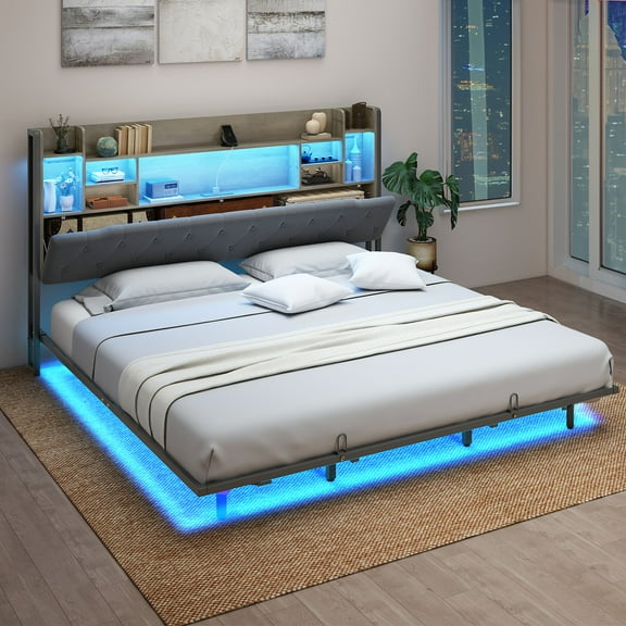 Uforic Dark Gray King Size Suspended Bed Frame, Cushioned Platform Bed with RGB LED Lighting, Headboard Storage, and Power Dock, Box Spring Not Required