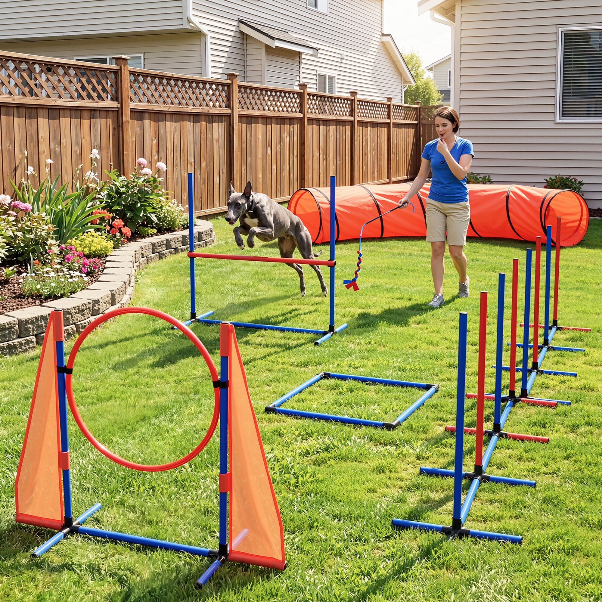 Uforic Dog Agility Equipments: Includes Flirt Pole, Agility Tunnel, 3 Jumps, 6 Weave Poles, Pause Box, Agility Course Set for Backyard, Indoor, Outdoor, Orange