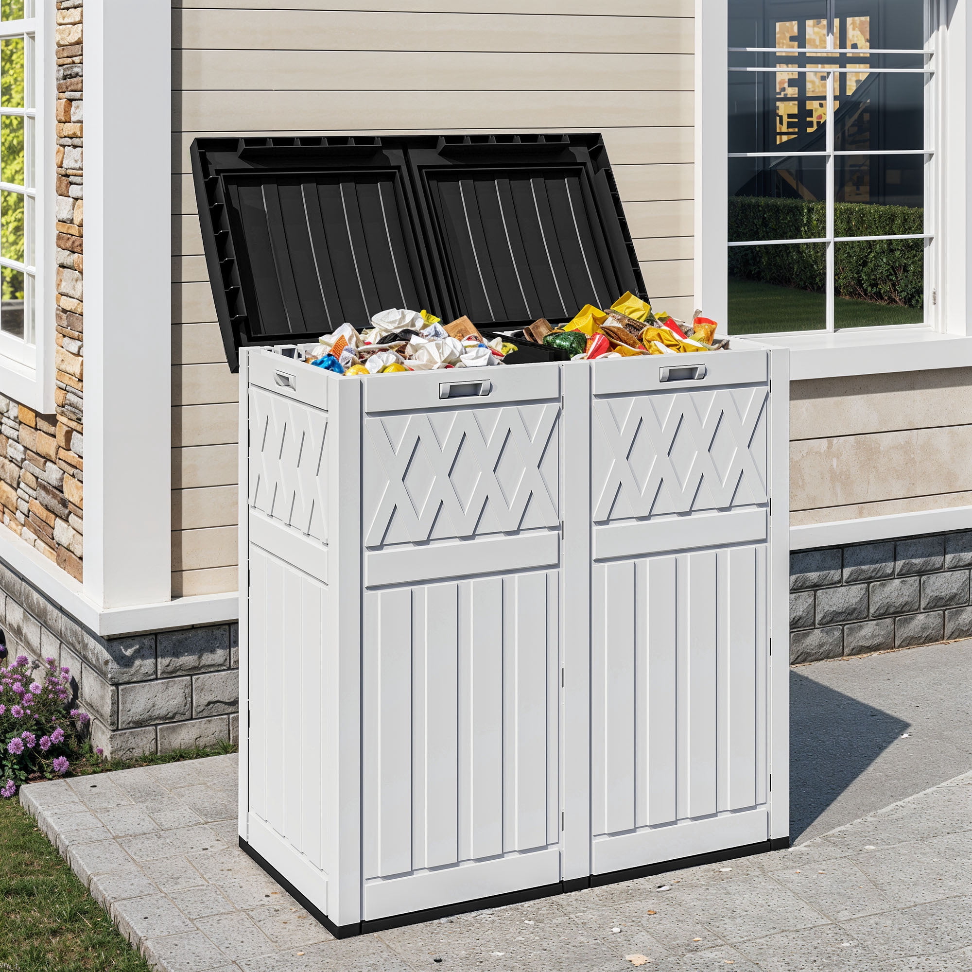 Uforic Double Compartment Outdoor Trash Can, 62 Gallon Waterproof Resin Garbage Bin with Tiered Lid and Drip Tray for Patio Deck Backyard, Black & White
