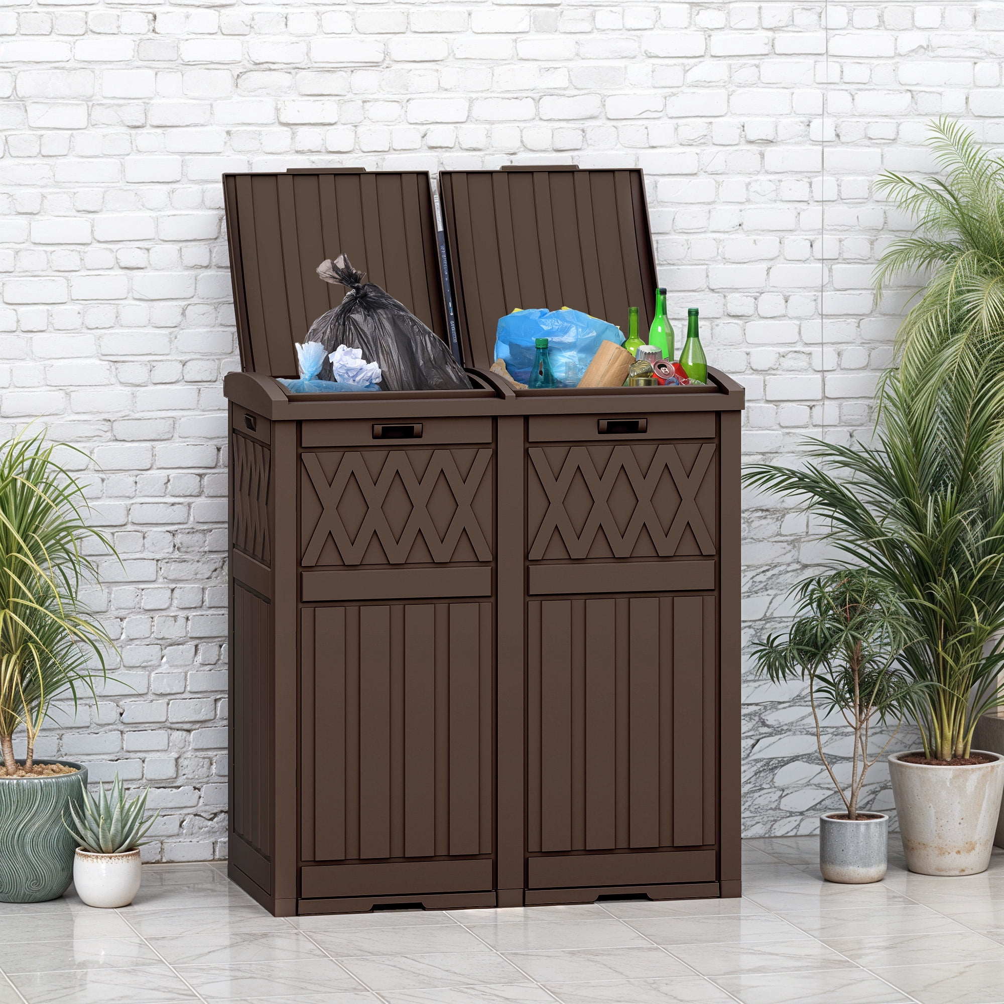Uforic Double Compartment Outdoor Trash Can, 62 Gallon Waterproof Resin Garbage Bin with Tiered Lid and Drip Tray for Patio Deck Backyard, Dark Brown